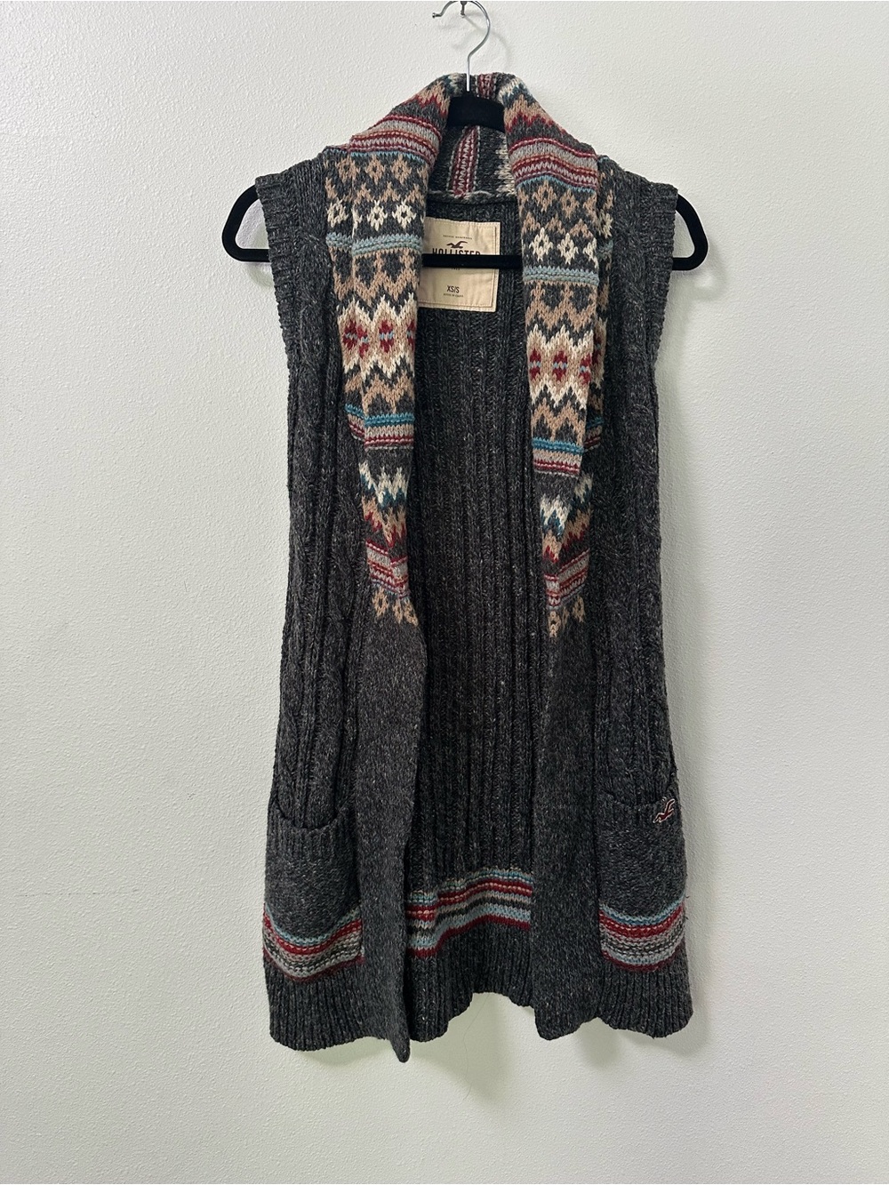 Hollister Womens Fair Isle Knit Long Open  Sweater Vest XS Fall Sleaze Y2K Gray